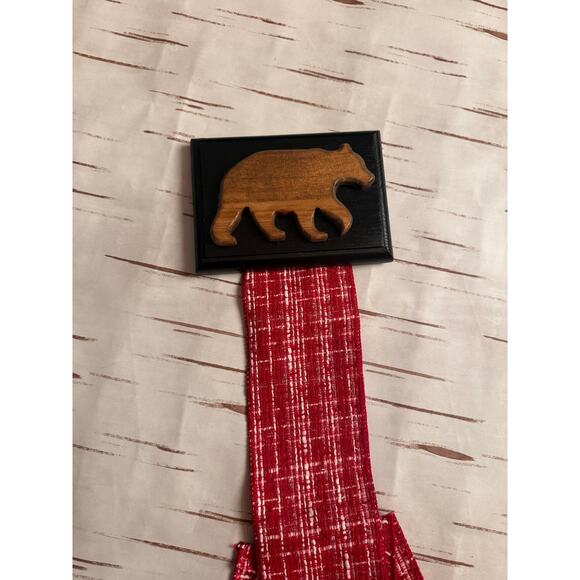 Holiday Card Holder Black Wooden Topper Brown Bear with Red Plaid Ribbon - Picture 4 of 4